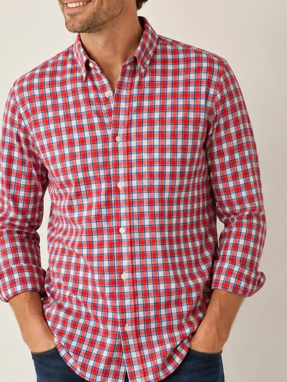 J.Crew Men’s Large Lightweight Plaid Button Down Shirt Red White Blue 100% Cotto